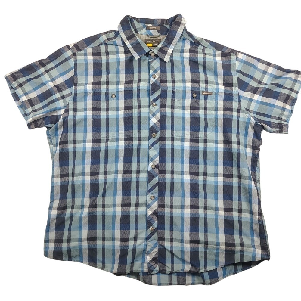 Eddie Bauer Shirt Mens 2XL Blue Classic Fit Plaid Nylon Blend Short Sleeve - Picture 2 of 12
